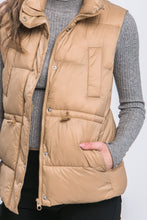 Khaki Zip Up Button Puffer Vest with Waist Toggles
