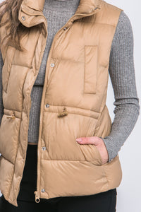Khaki Zip Up Button Puffer Vest with Waist Toggles
