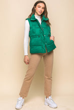 Green Zip Up Button Puffer Vest with Waist Toggles