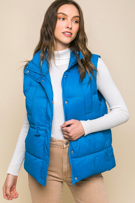 Blue Zip Up Button Puffer Vest with Waist Toggles