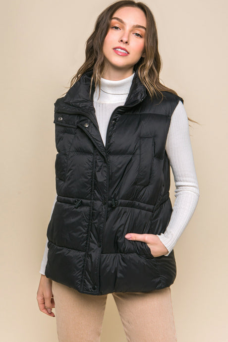 Black Zip Up Button Puffer Vest with Waist Toggles