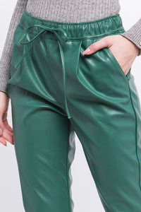 Green Stone PU Faux Leather Jogger Pants