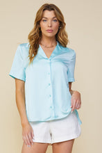 Ice Blue Recycled Satin Button Down Short Sleeve Shirt