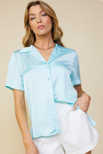 Ice Blue Recycled Satin Button Down Short Sleeve Shirt