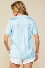 Ice Blue Recycled Satin Button Down Short Sleeve Shirt