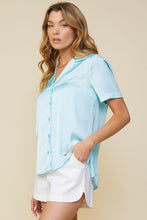Ice Blue Recycled Satin Button Down Short Sleeve Shirt