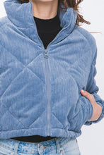 Indigo Corduroy Semi-Cropped Zip Up Jacket With Pockets