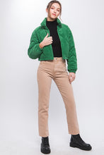 Green Corduroy Semi-Cropped Zip Up Jacket With Pockets