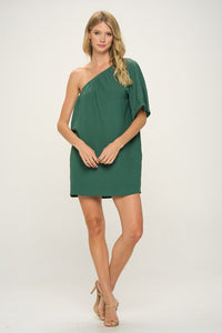 Hunter Green One Shoulder Crinkle Woven Dress