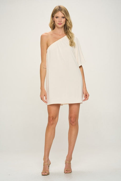 Cream One Shoulder Crinkle Woven Dress