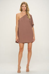 Nut Meg One Shoulder Crinkle Woven Dress