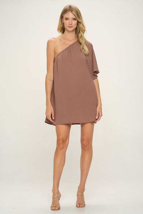 Nut Meg One Shoulder Crinkle Woven Dress
