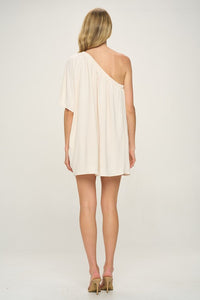 Cream One Shoulder Crinkle Woven Dress