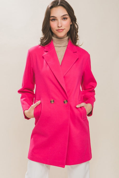 Fuchsia Lapel Collared Double Breasted Full Coat