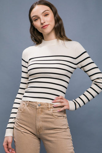 Ivory Mock Neck Ribbed Striped Long Sleeve Sweater Top