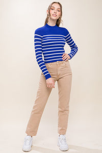 Royal Mock Neck Ribbed Striped Long Sleeve Sweater Top
