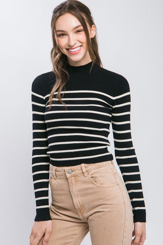 Black Mock Neck Ribbed Striped Long Sleeve Sweater Top