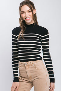 Black Mock Neck Ribbed Striped Long Sleeve Sweater Top