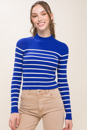 Royal Mock Neck Ribbed Striped Long Sleeve Sweater Top