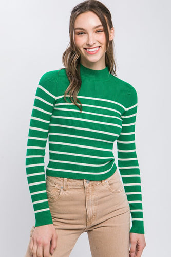 Green Mock Neck Ribbed Striped Long Sleeve Sweater Top