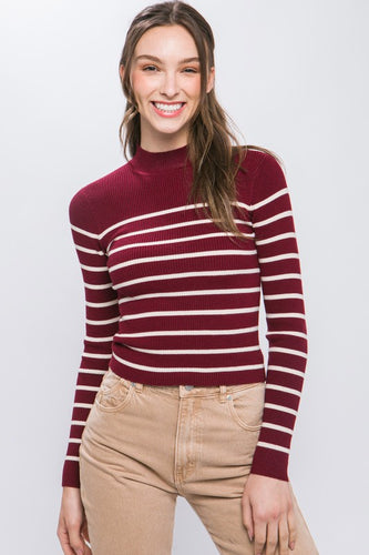 Sangria Mock Neck Ribbed Striped Long Sleeve Sweater Top
