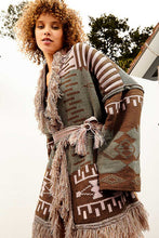 Olive Mocha Aztec pattern fringe chenille cardigan sweater