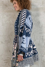 Indigo Blue Aztec pattern fringe chenille cardigan sweater