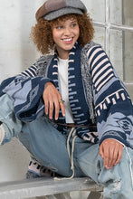 Indigo Blue Aztec pattern fringe chenille cardigan sweater