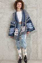 Indigo Blue Aztec pattern fringe chenille cardigan sweater
