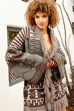 Olive Mocha Aztec pattern fringe chenille cardigan sweater