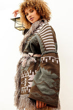 Olive Mocha Aztec pattern fringe chenille cardigan sweater