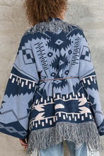 Indigo Blue Aztec pattern fringe chenille cardigan sweater
