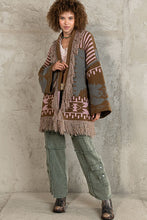 Olive Mocha Aztec pattern fringe chenille cardigan sweater