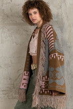 Olive Mocha Aztec pattern fringe chenille cardigan sweater