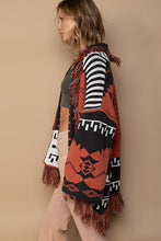 Brick Black Aztec pattern fringe chenille cardigan sweater