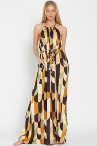 Gold/Olive/Plum Halter Backless Braid Belted Jumpsuit