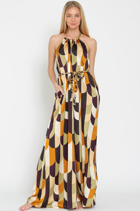 Gold/Olive/Plum Halter Backless Braid Belted Jumpsuit