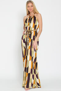 Gold/Olive/Plum Halter Backless Braid Belted Jumpsuit