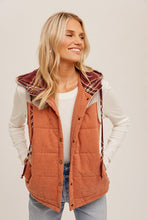 Cream/Orange Puff Color Block Plaid Hoodie Vest