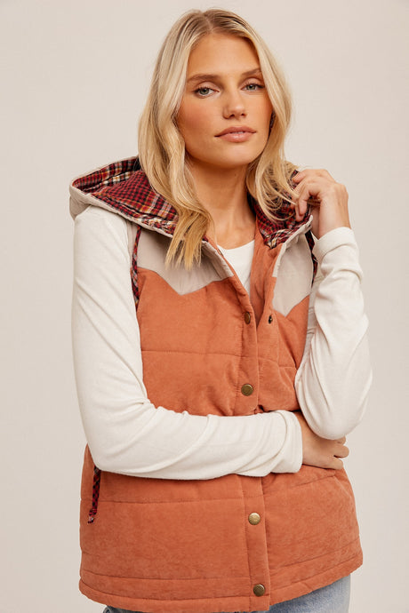 Cream/Orange Puff Color Block Plaid Hoodie Vest