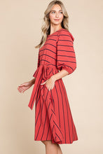 Rust Striped Midi Dress With Waist Tie