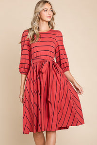 Rust Striped Midi Dress With Waist Tie