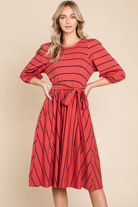 Rust Striped Midi Dress With Waist Tie