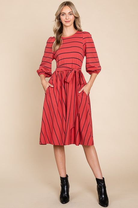 Rust Striped Midi Dress With Waist Tie