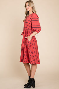 Rust Striped Midi Dress With Waist Tie