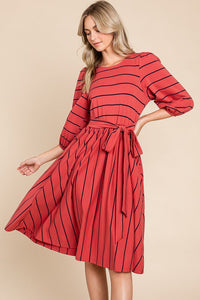 Rust Striped Midi Dress With Waist Tie