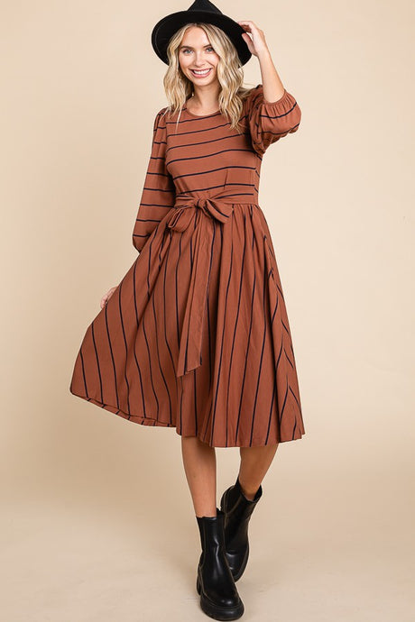 Chocolate Striped Midi Dress With Waist Tie