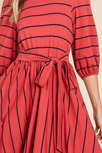 Rust Striped Midi Dress With Waist Tie