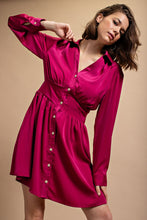 Berry Satin Button Down Shirt Dress With Jeweled Buttons