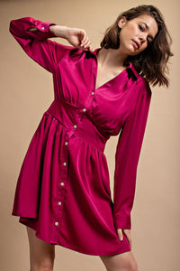 Berry Satin Button Down Shirt Dress With Jeweled Buttons